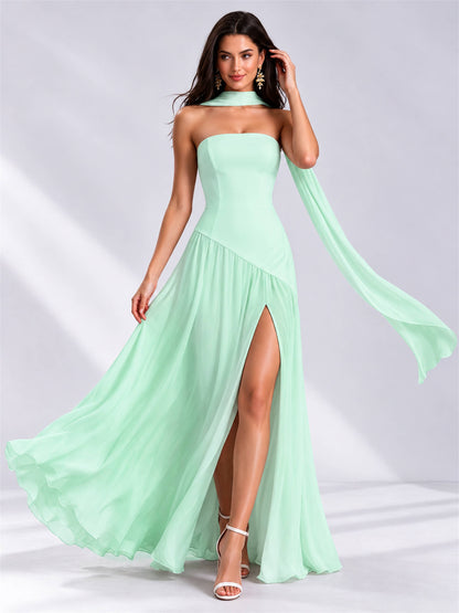 Strapless A-Line Chiffon Sleeveless Floor-Length Wedding Guest Dress with Scarf