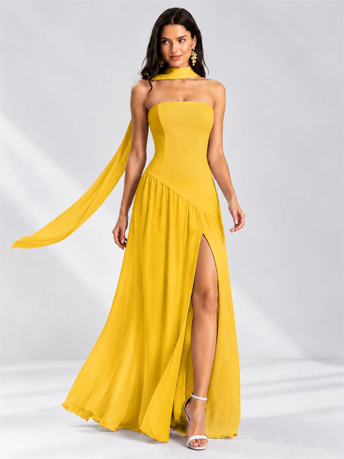 Strapless A-Line Chiffon Sleeveless Floor-Length Wedding Guest Dress with Scarf
