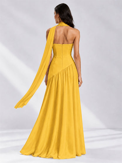 Strapless A-Line Chiffon Sleeveless Floor-Length Wedding Guest Dress with Scarf