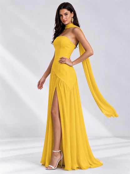 Strapless A-Line Chiffon Sleeveless Floor-Length Wedding Guest Dress with Scarf