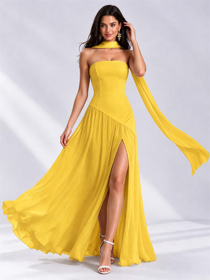 Strapless A-Line Chiffon Sleeveless Floor-Length Wedding Guest Dress with Scarf
