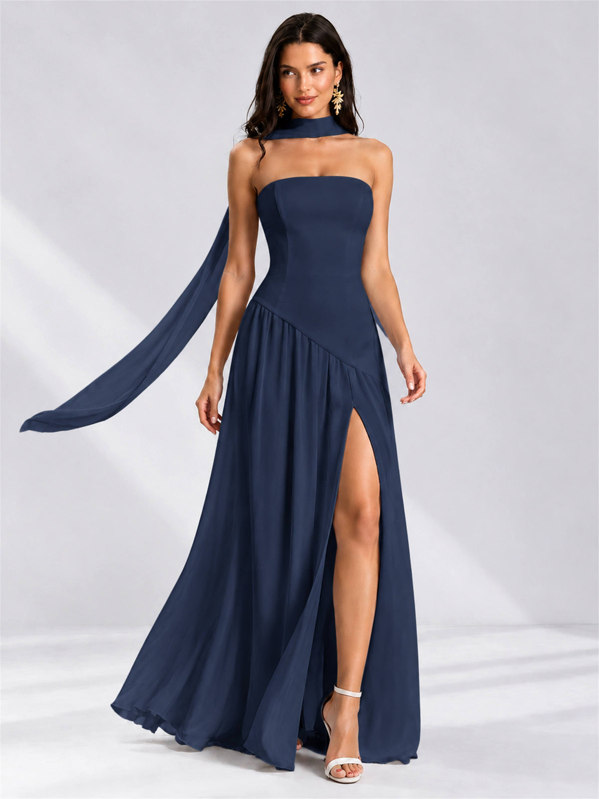 Strapless A-Line Chiffon Sleeveless Floor-Length Wedding Guest Dress with Scarf
