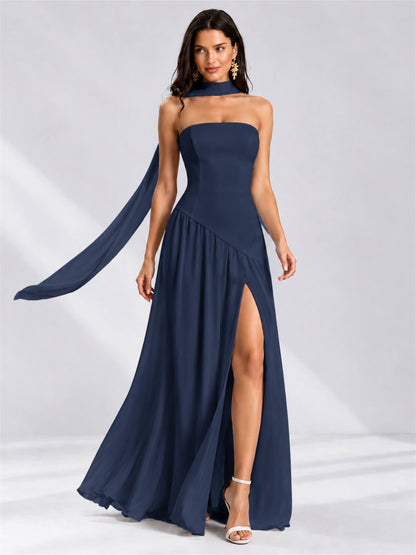 Strapless A-Line Chiffon Sleeveless Floor-Length Wedding Guest Dress with Scarf