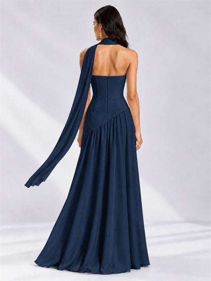 Strapless A-Line Chiffon Sleeveless Floor-Length Wedding Guest Dress with Scarf