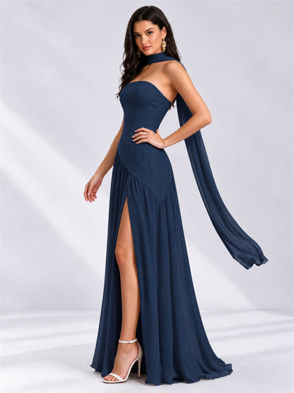 Strapless A-Line Chiffon Sleeveless Floor-Length Wedding Guest Dress with Scarf