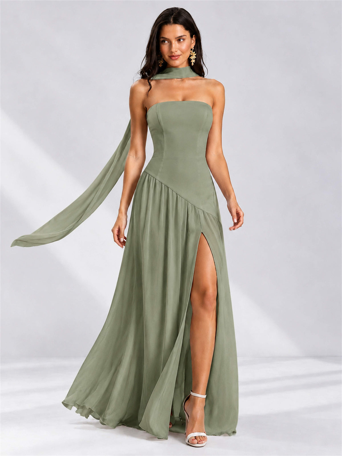 Strapless A-Line Chiffon Sleeveless Floor-Length Wedding Guest Dress with Scarf