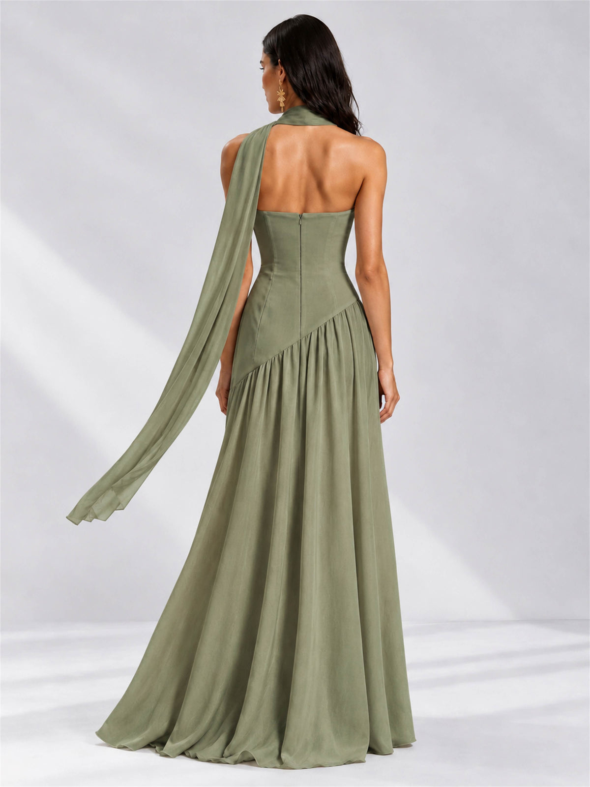 Strapless A-Line Chiffon Sleeveless Floor-Length Wedding Guest Dress with Scarf