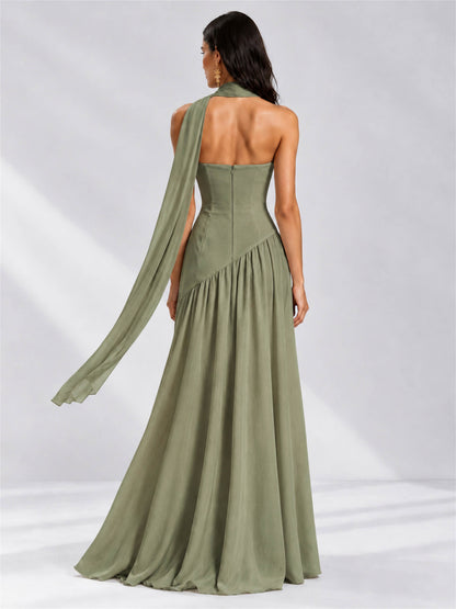 Strapless A-Line Chiffon Sleeveless Floor-Length Wedding Guest Dress with Scarf