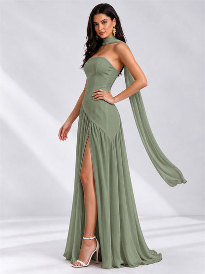 Strapless A-Line Chiffon Sleeveless Floor-Length Wedding Guest Dress with Scarf