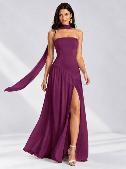 Strapless A-Line Chiffon Sleeveless Floor-Length Wedding Guest Dress with Scarf
