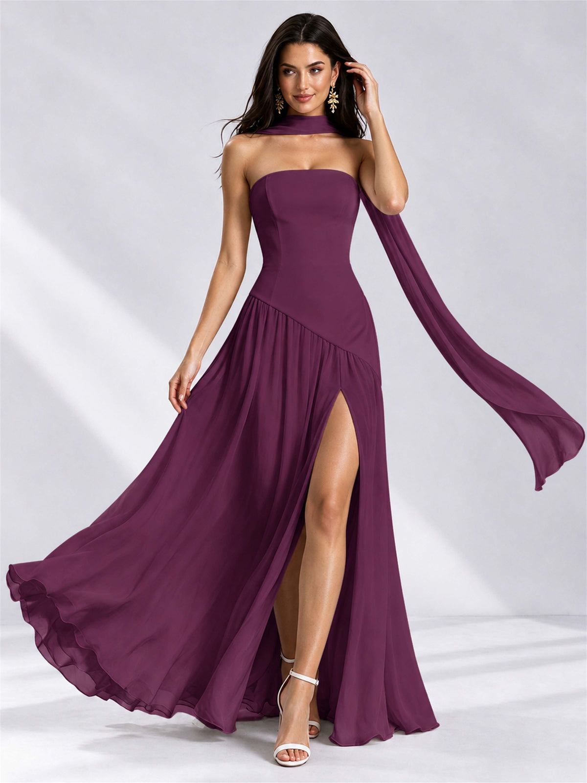 Strapless A-Line Chiffon Sleeveless Floor-Length Wedding Guest Dress with Scarf
