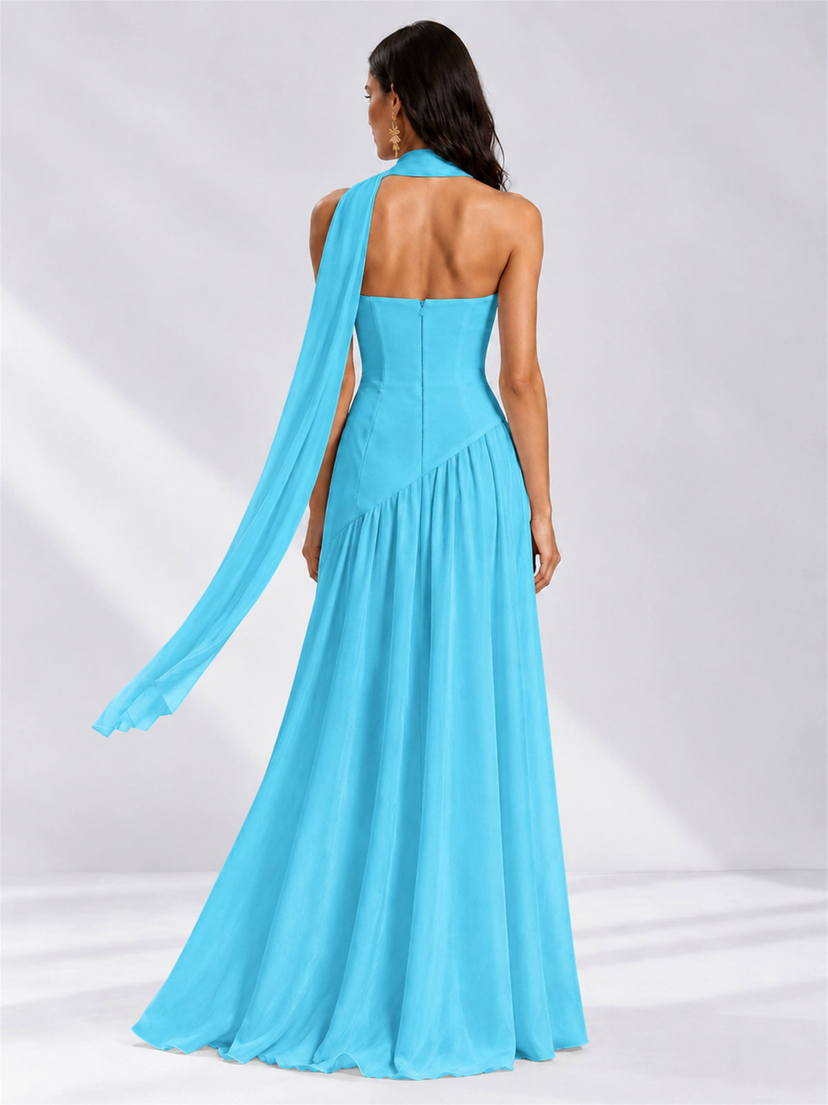 Strapless A-Line Chiffon Sleeveless Floor-Length Wedding Guest Dress with Scarf