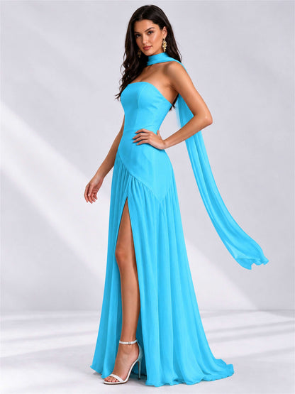 Strapless A-Line Chiffon Sleeveless Floor-Length Wedding Guest Dress with Scarf