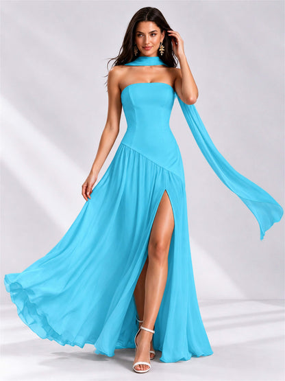 Strapless A-Line Chiffon Sleeveless Floor-Length Wedding Guest Dress with Scarf