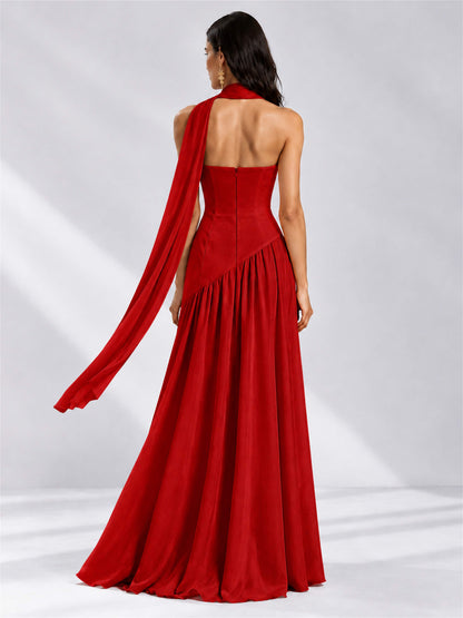 Strapless A-Line Chiffon Sleeveless Floor-Length Wedding Guest Dress with Scarf