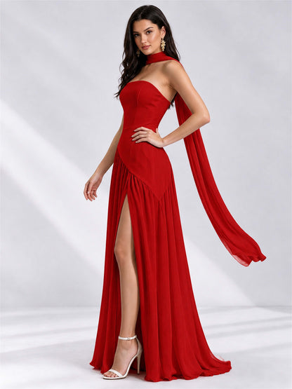 Strapless A-Line Chiffon Sleeveless Floor-Length Wedding Guest Dress with Scarf