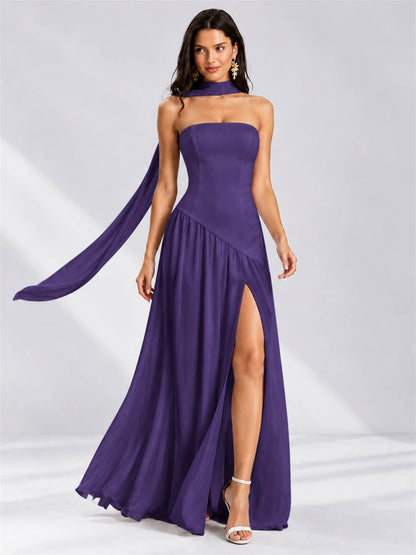 Strapless A-Line Chiffon Sleeveless Floor-Length Wedding Guest Dress with Scarf