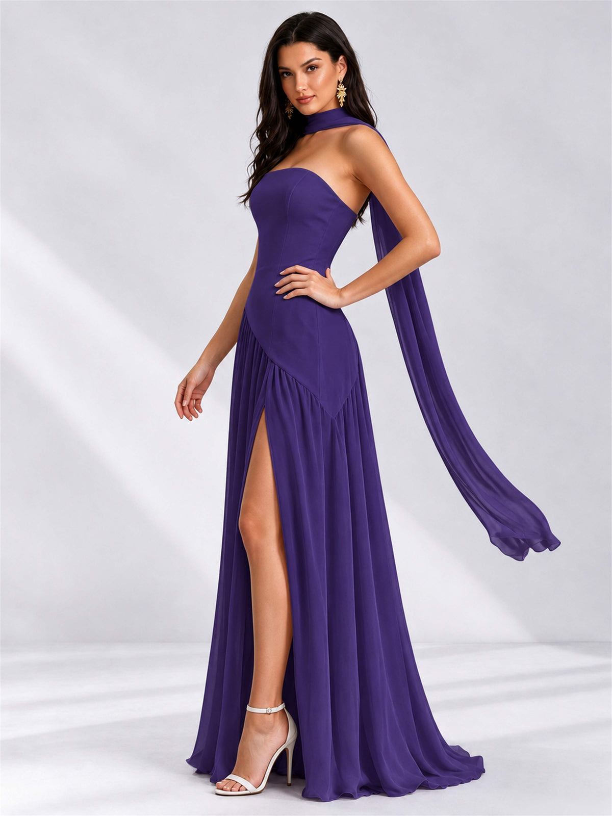 Strapless A-Line Chiffon Sleeveless Floor-Length Wedding Guest Dress with Scarf