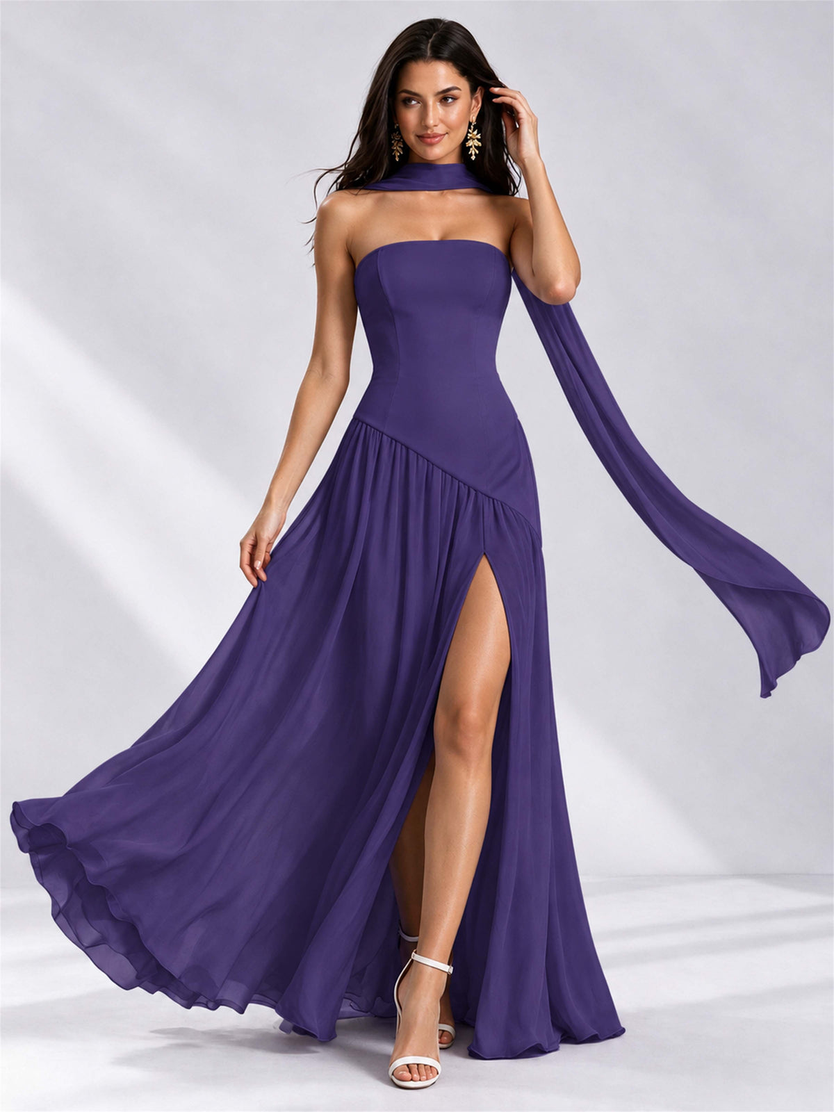 Strapless A-Line Chiffon Sleeveless Floor-Length Wedding Guest Dress with Scarf