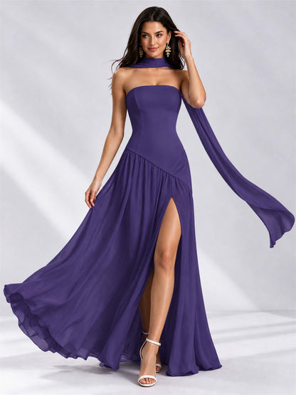 Strapless A-Line Chiffon Sleeveless Floor-Length Wedding Guest Dress with Scarf