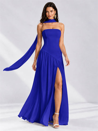 Strapless A-Line Chiffon Sleeveless Floor-Length Wedding Guest Dress with Scarf