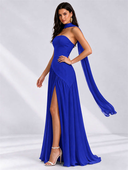 Strapless A-Line Chiffon Sleeveless Floor-Length Wedding Guest Dress with Scarf