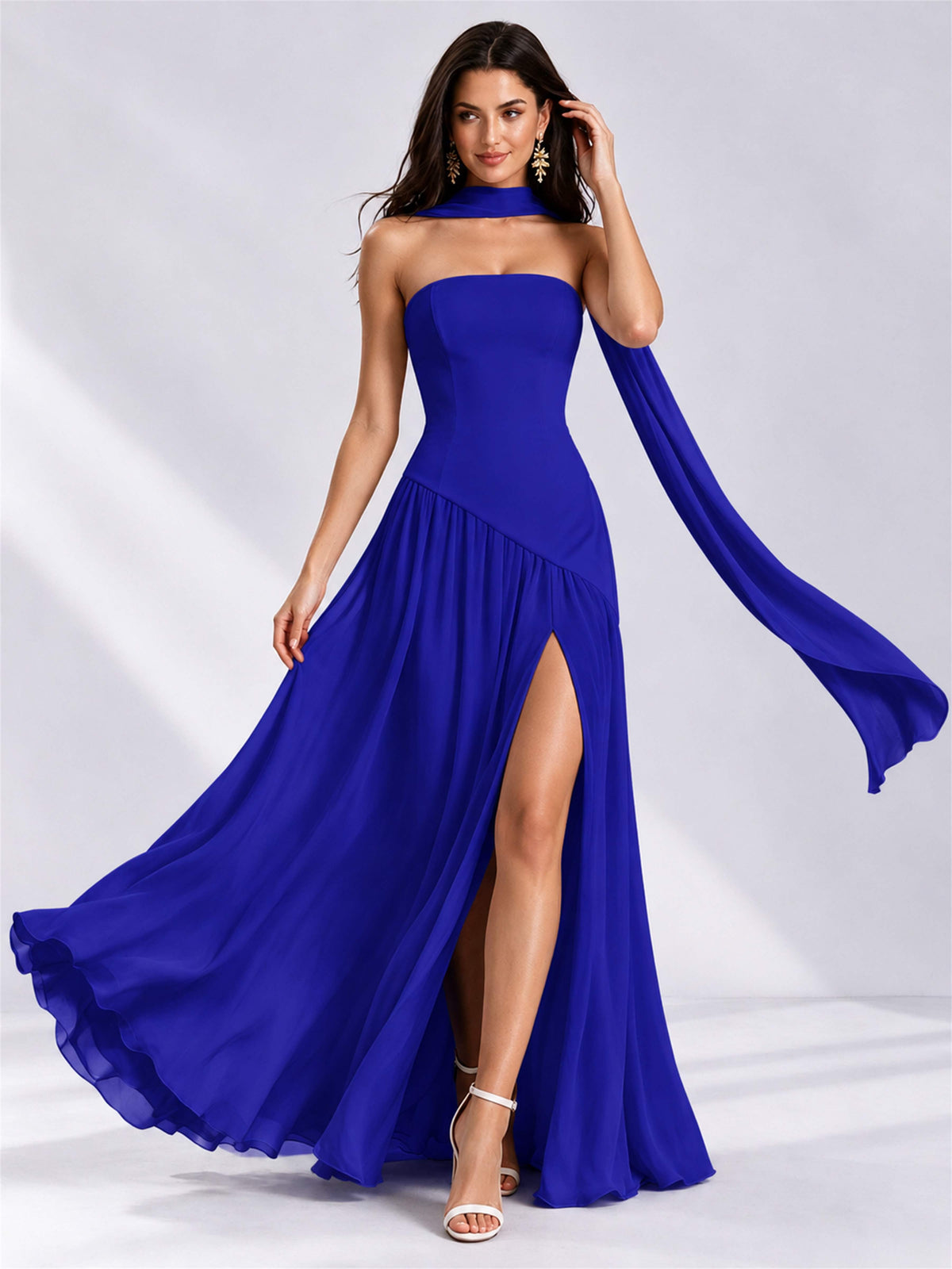 Strapless A-Line Chiffon Sleeveless Floor-Length Wedding Guest Dress with Scarf