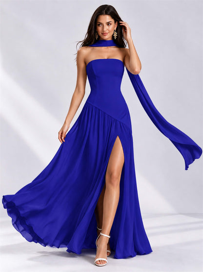 Strapless A-Line Chiffon Sleeveless Floor-Length Wedding Guest Dress with Scarf