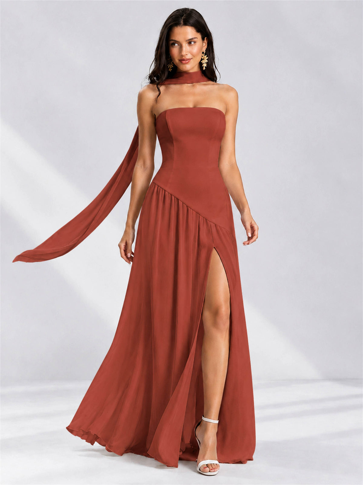 Strapless A-Line Chiffon Sleeveless Floor-Length Wedding Guest Dress with Scarf