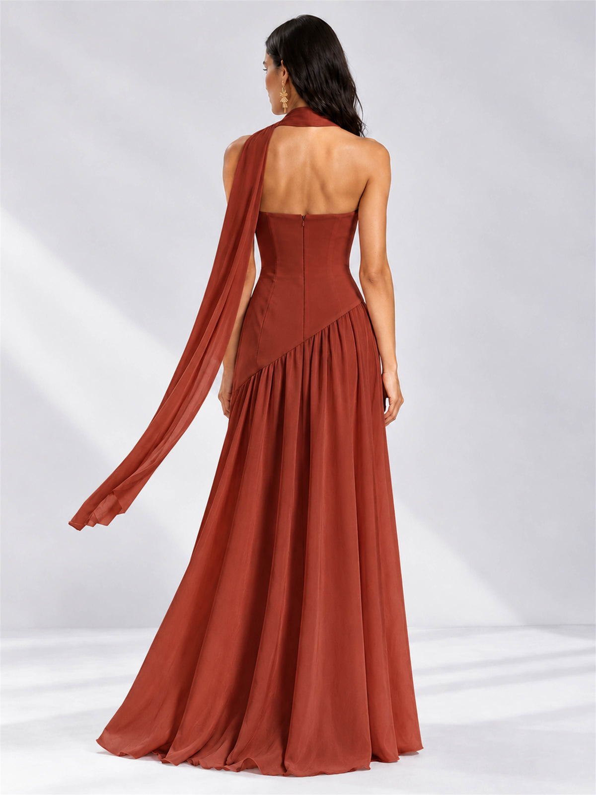 Strapless A-Line Chiffon Sleeveless Floor-Length Wedding Guest Dress with Scarf