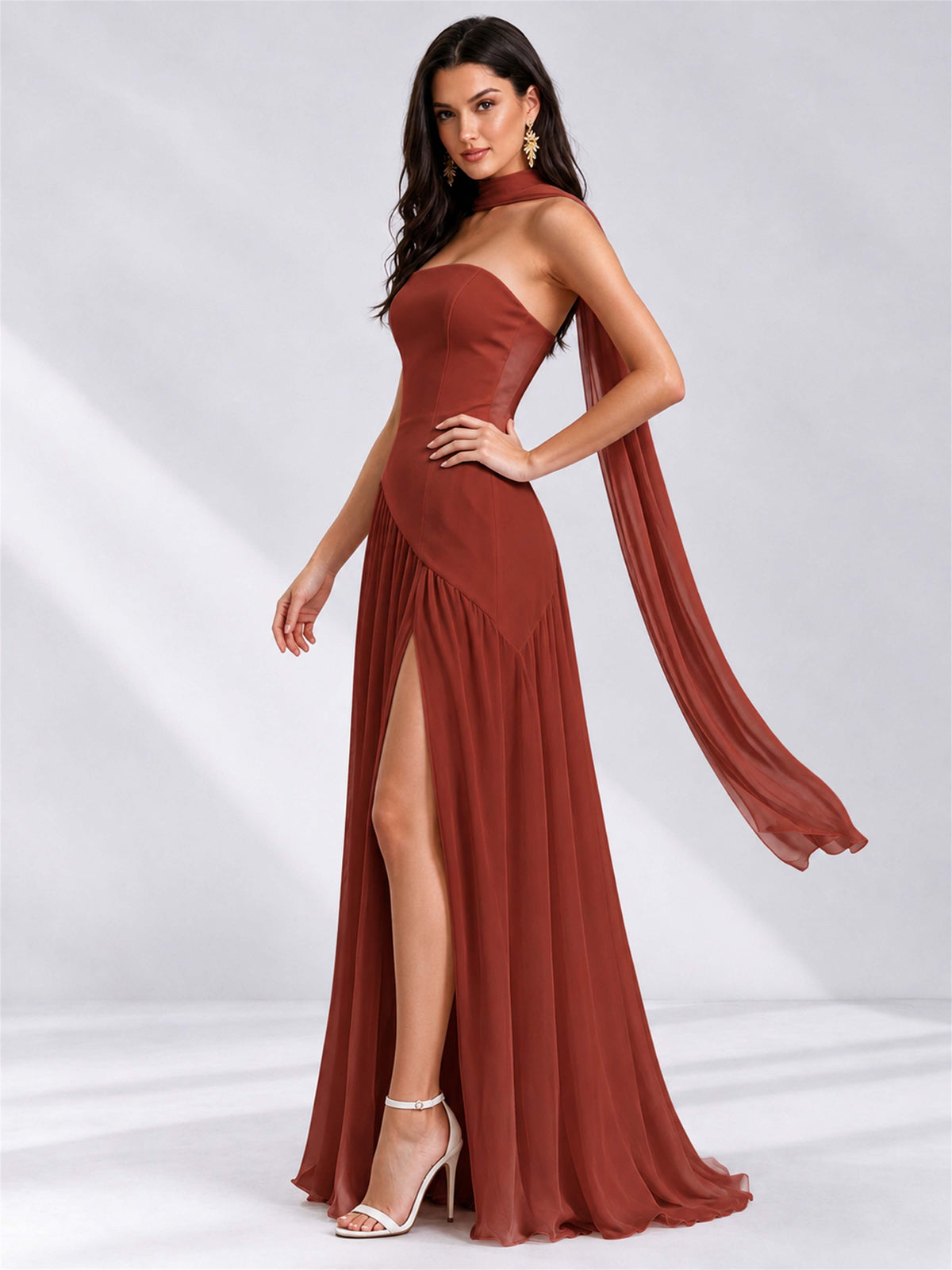 Strapless A-Line Chiffon Sleeveless Floor-Length Wedding Guest Dress with Scarf