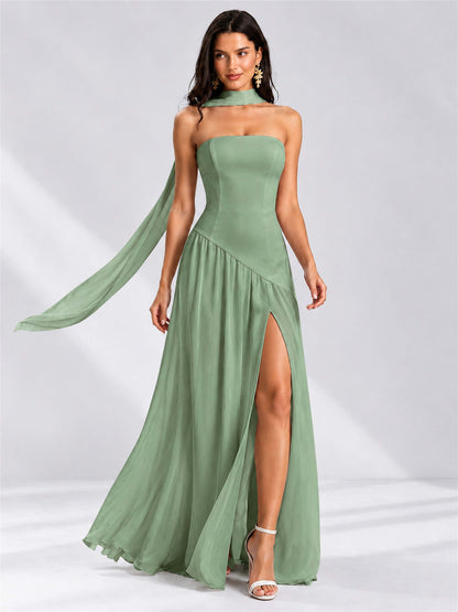 Strapless A-Line Chiffon Sleeveless Floor-Length Wedding Guest Dress with Scarf