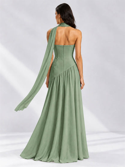 Strapless A-Line Chiffon Sleeveless Floor-Length Wedding Guest Dress with Scarf