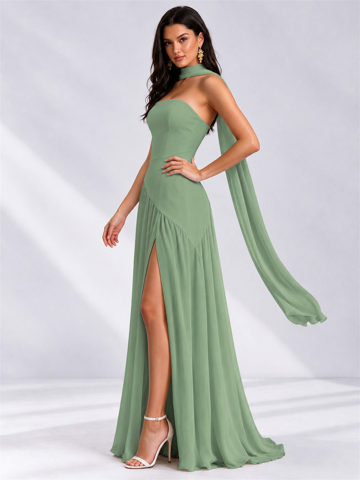 Strapless A-Line Chiffon Sleeveless Floor-Length Wedding Guest Dress with Scarf