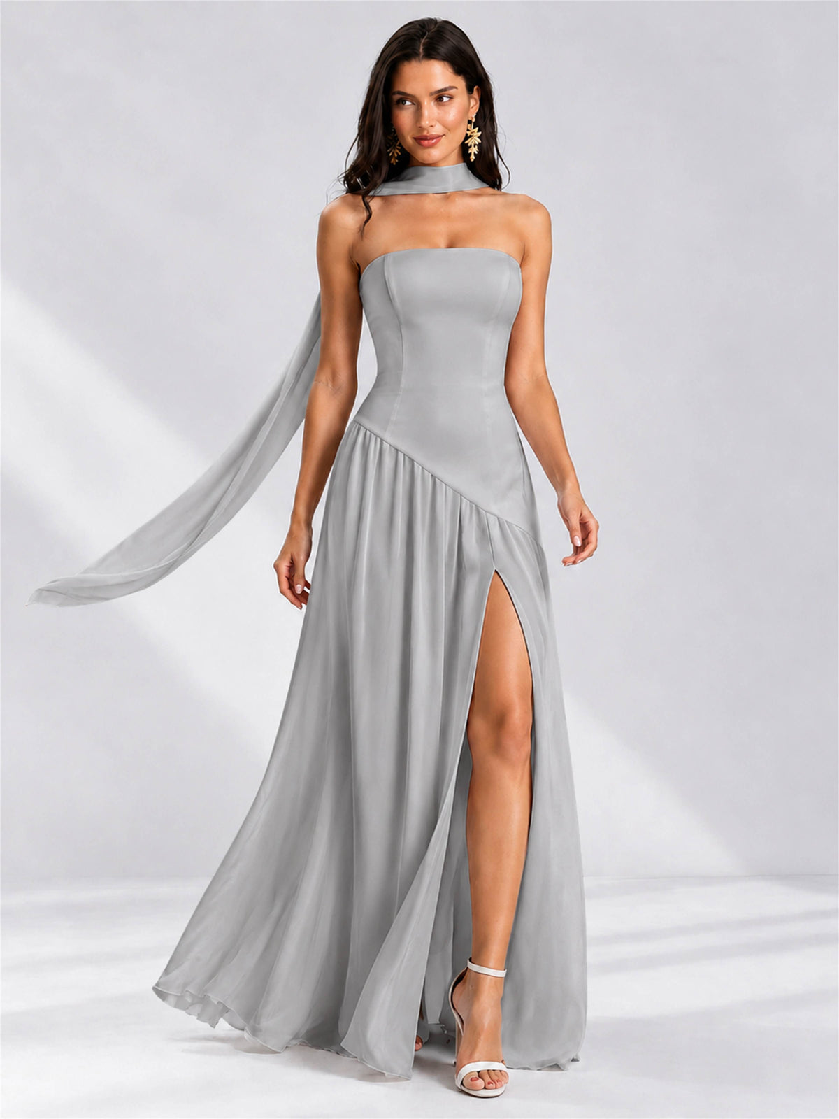 Strapless A-Line Chiffon Sleeveless Floor-Length Wedding Guest Dress with Scarf