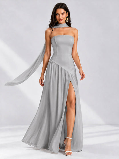 Strapless A-Line Chiffon Sleeveless Floor-Length Wedding Guest Dress with Scarf