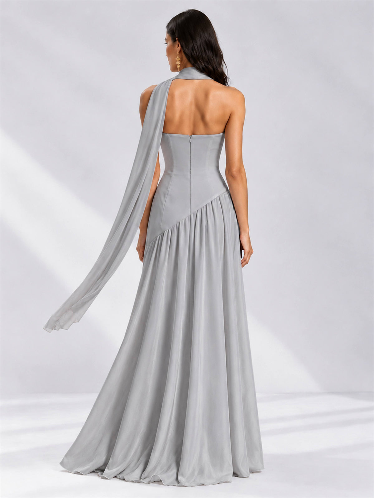 Strapless A-Line Chiffon Sleeveless Floor-Length Wedding Guest Dress with Scarf