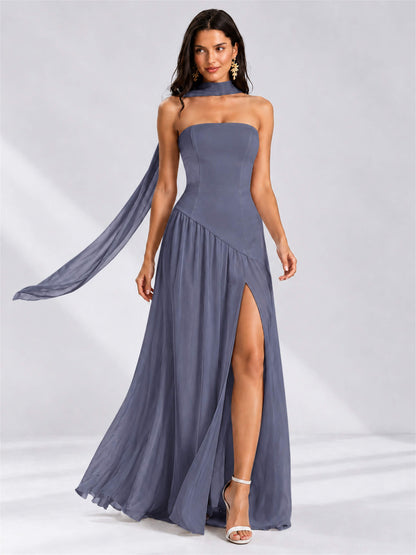 Strapless A-Line Chiffon Sleeveless Floor-Length Wedding Guest Dress with Scarf