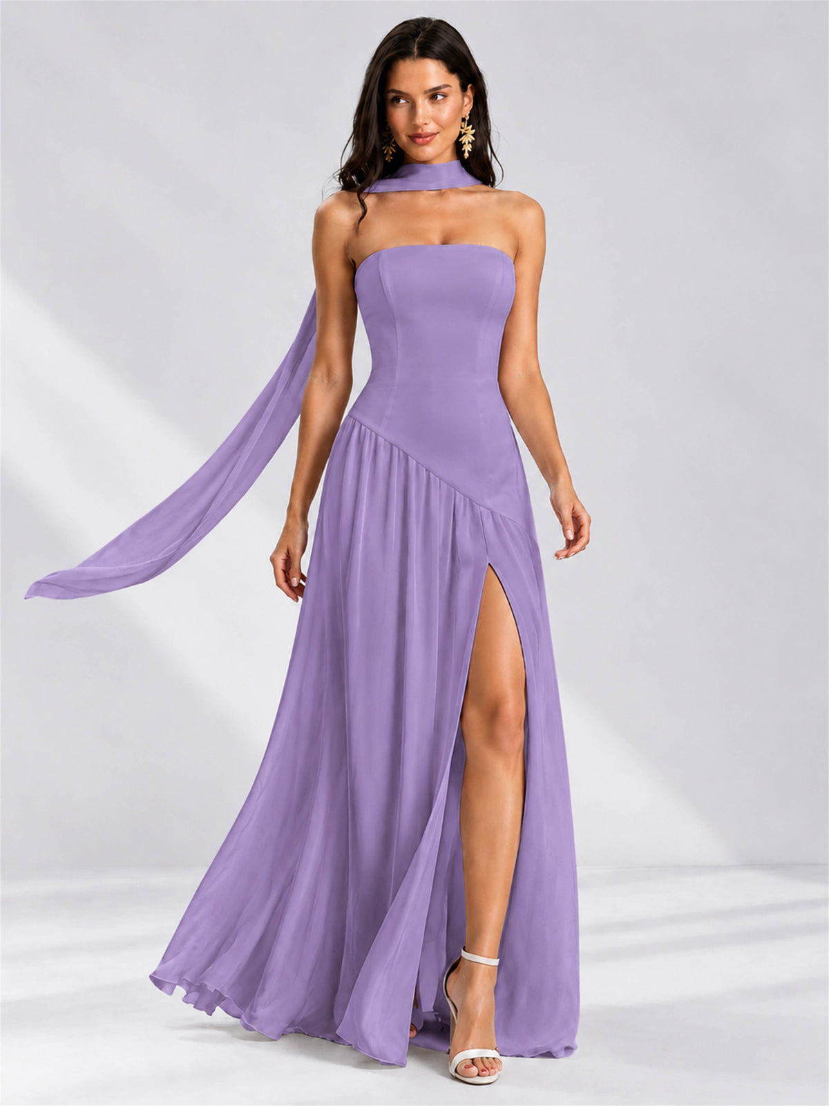 Strapless A-Line Chiffon Sleeveless Floor-Length Wedding Guest Dress with Scarf