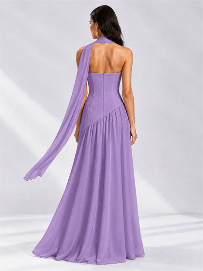 Strapless A-Line Chiffon Sleeveless Floor-Length Wedding Guest Dress with Scarf