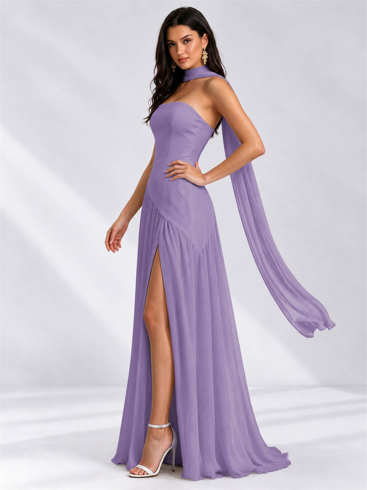 Strapless A-Line Chiffon Sleeveless Floor-Length Wedding Guest Dress with Scarf