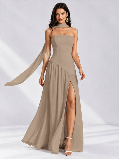Strapless A-Line Chiffon Sleeveless Floor-Length Wedding Guest Dress with Scarf