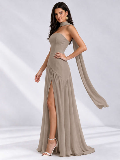 Strapless A-Line Chiffon Sleeveless Floor-Length Wedding Guest Dress with Scarf