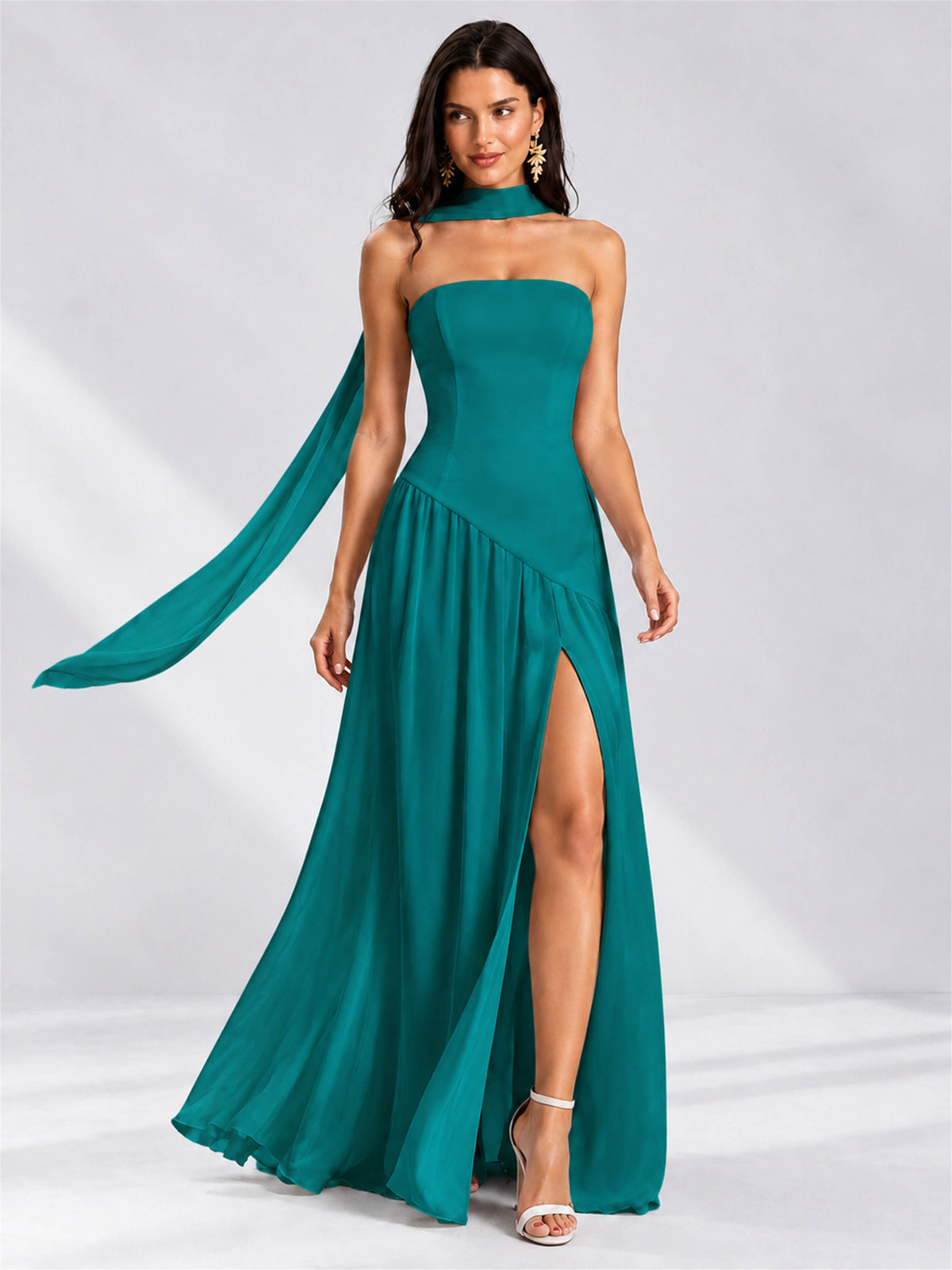 Strapless A-Line Chiffon Sleeveless Floor-Length Wedding Guest Dress with Scarf