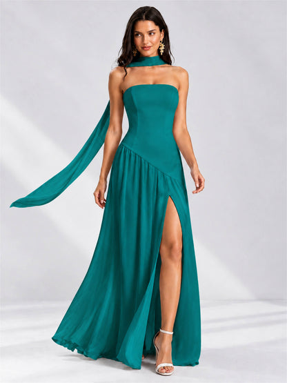 Strapless A-Line Chiffon Sleeveless Floor-Length Wedding Guest Dress with Scarf