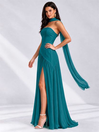 Strapless A-Line Chiffon Sleeveless Floor-Length Wedding Guest Dress with Scarf