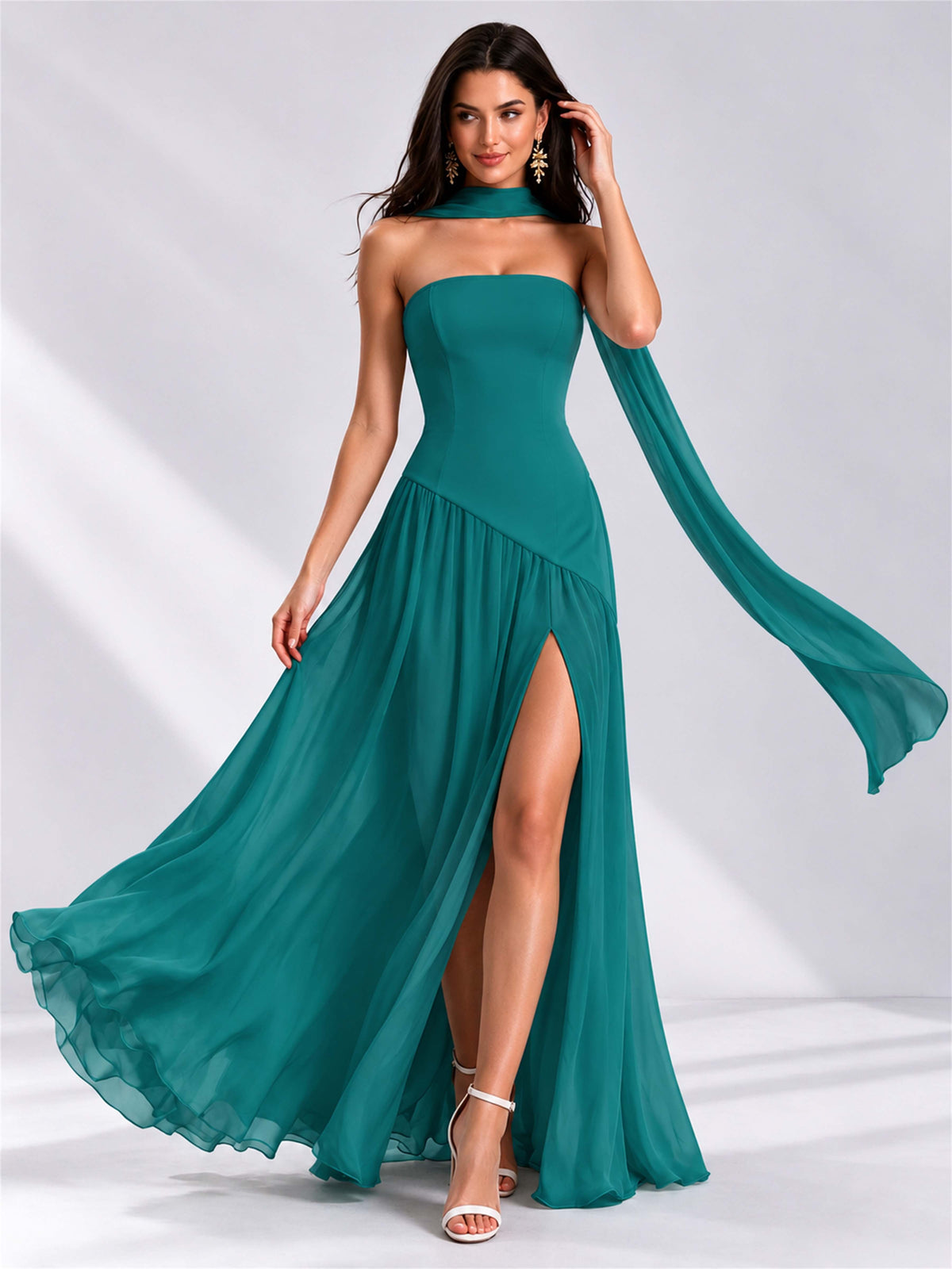 Strapless A-Line Chiffon Sleeveless Floor-Length Wedding Guest Dress with Scarf