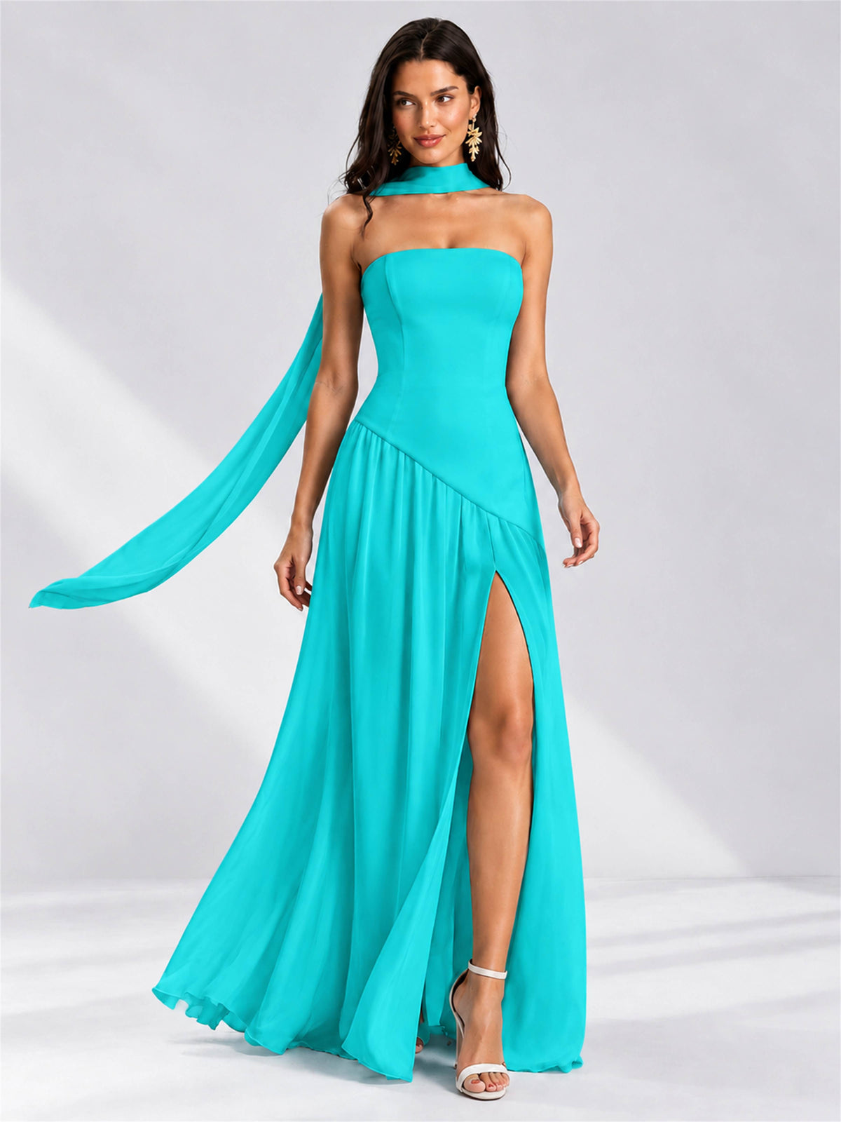 Strapless A-Line Chiffon Sleeveless Floor-Length Wedding Guest Dress with Scarf