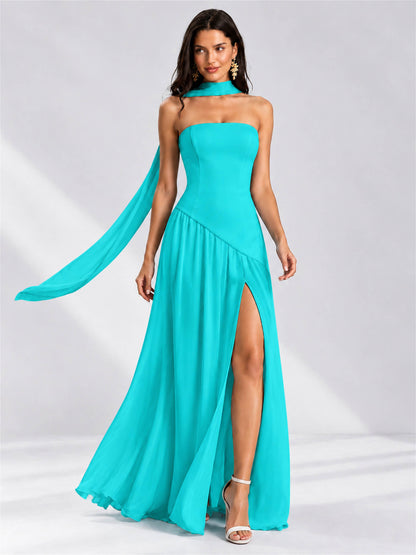 Strapless A-Line Chiffon Sleeveless Floor-Length Wedding Guest Dress with Scarf