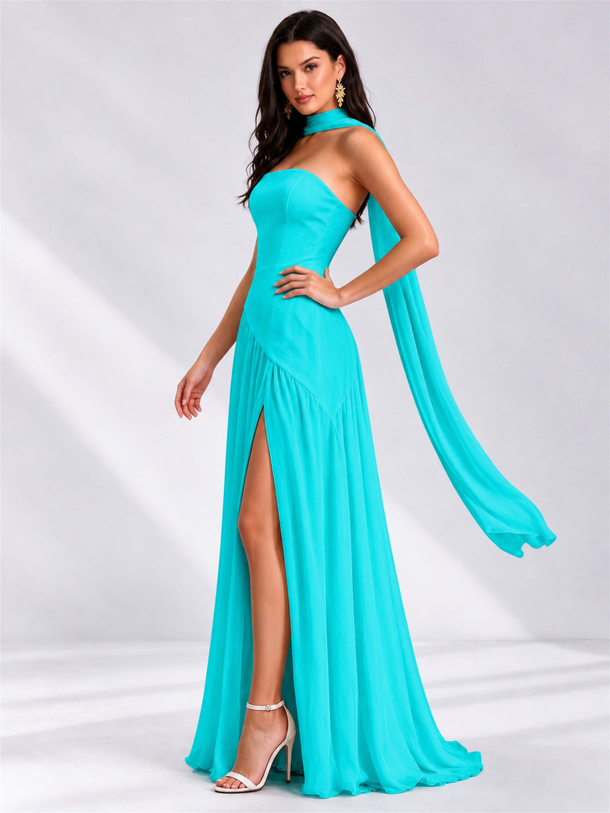 Strapless A-Line Chiffon Sleeveless Floor-Length Wedding Guest Dress with Scarf